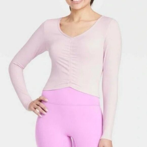 Women's Flex Shirred Cropped Long Sleeve All in Motion Vibrant pink green blue M - Picture 2 of 12